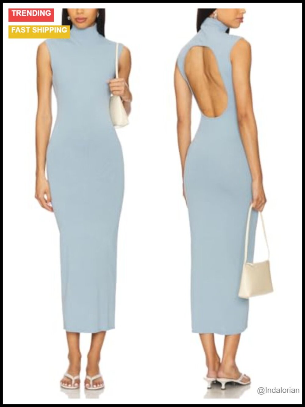 Women High Neck Backless Bodycon Midi Dress Mockneck Sleeveless Knit Fitted